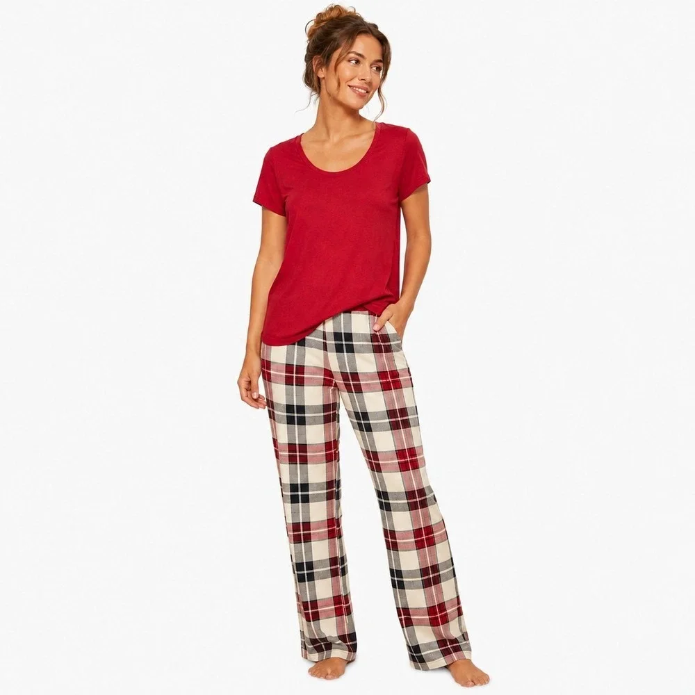 Soma Cool Nights Pajama Set XS Plaid Pants Red Short Sleeve Pockets Soft Stretch